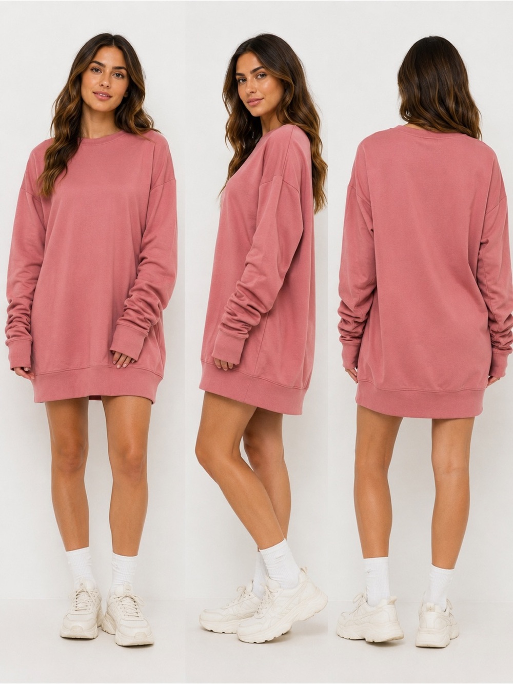 Oversized Pink Sweatshirt Dress Long Sleeve Ruched Tunic Lounge Casual Cozy NWT